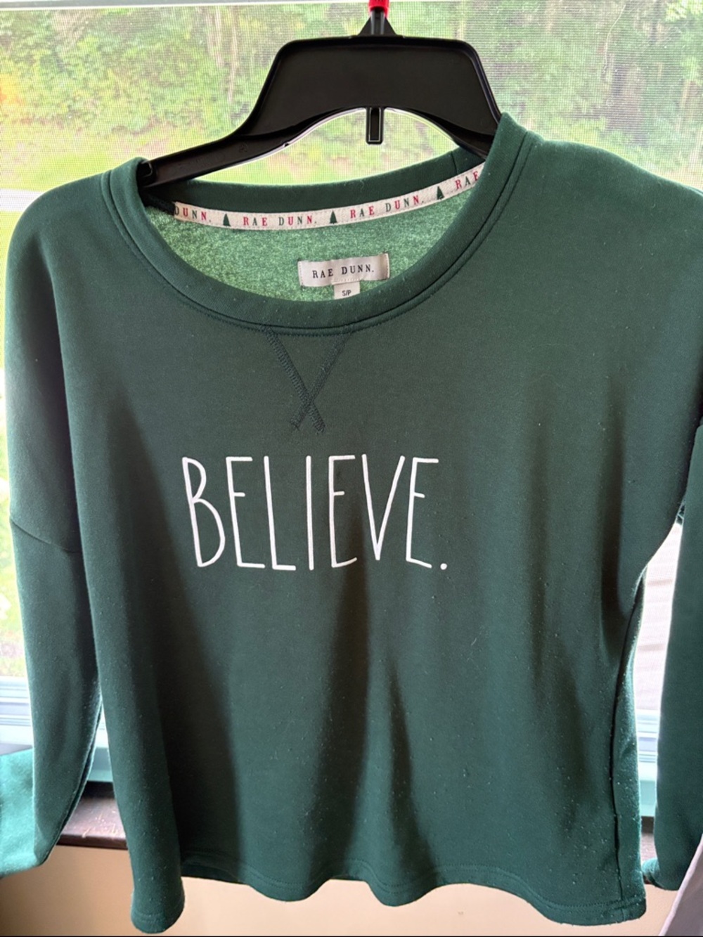 Rae Dunn Dark Green 'BELIEVE.' Crewneck Sweatshirt